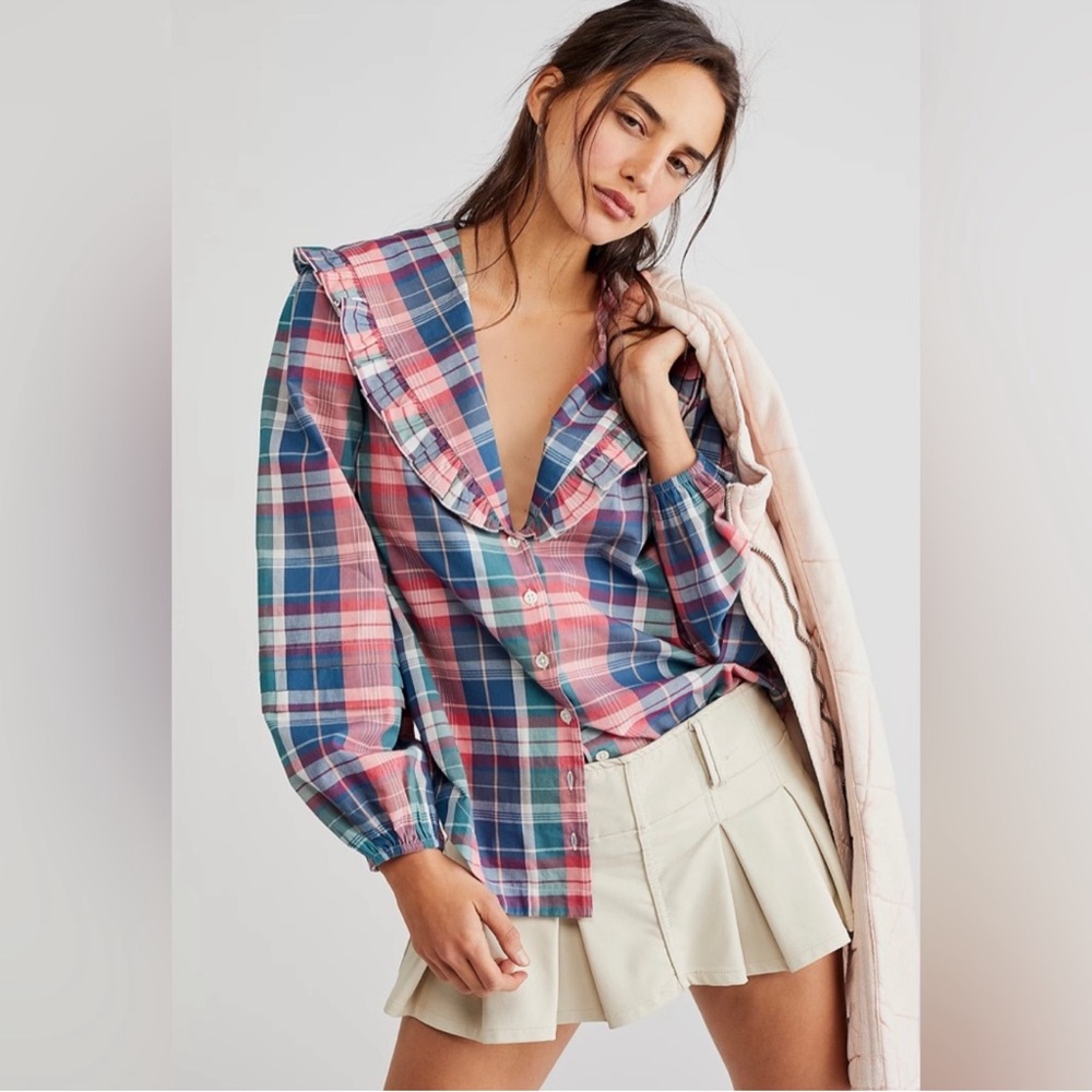 Free People Pink and Blue Plaid Ruffle Collar Button-Up Top